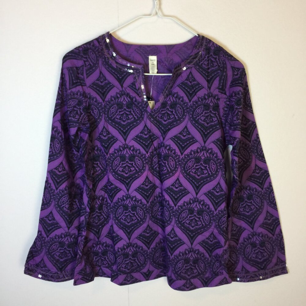 New GAP Kids Blouse Tunic Top Girl XXL 14 16 Purple Printed Sequin Long Sleeve